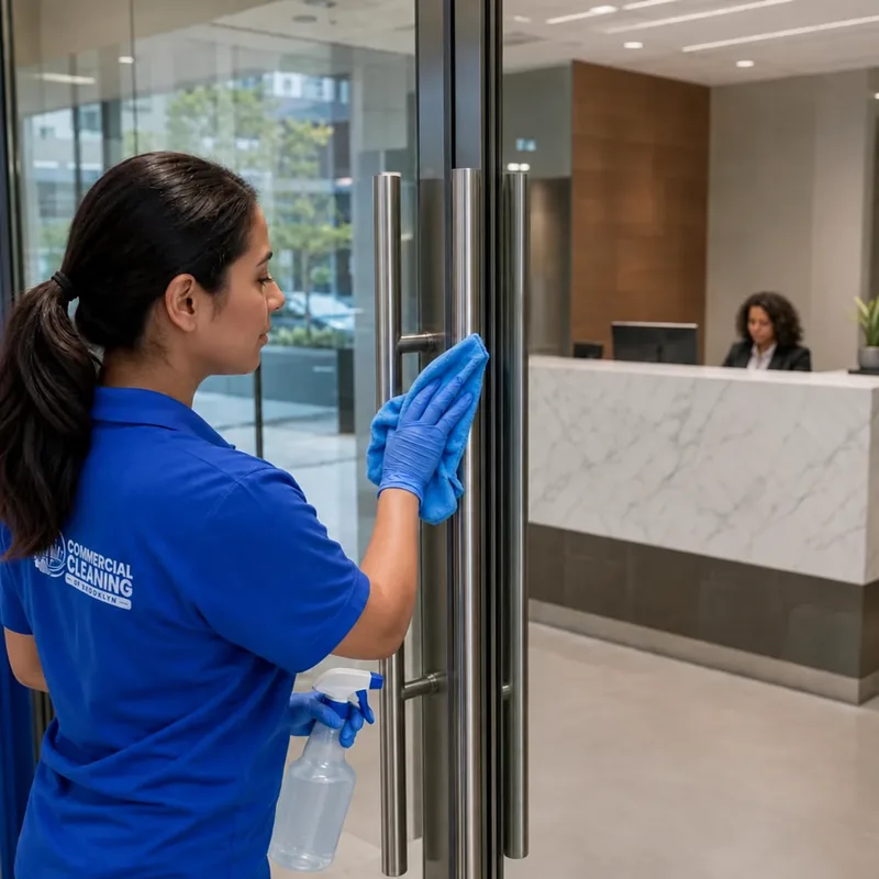 Streak-free glass entry doors and a polished office reception counter