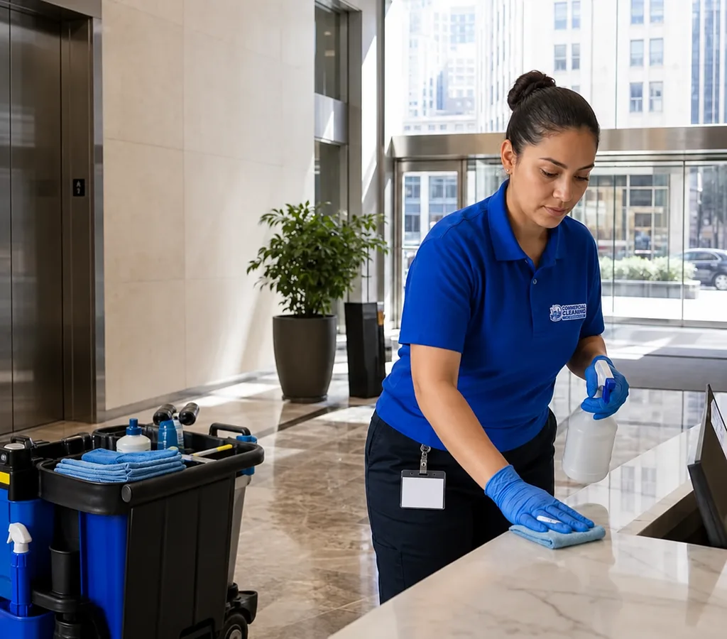 Commercial cleaner disinfecting high-touch areas in a modern New York City office lobby
