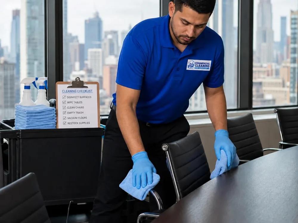Cleaner disinfecting a conference table and chair arms in a New York City office