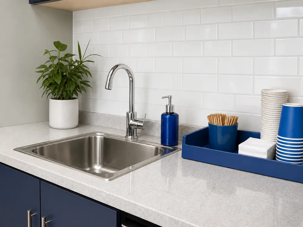 Freshly cleaned office kitchenette counter and sink with polished stainless steel