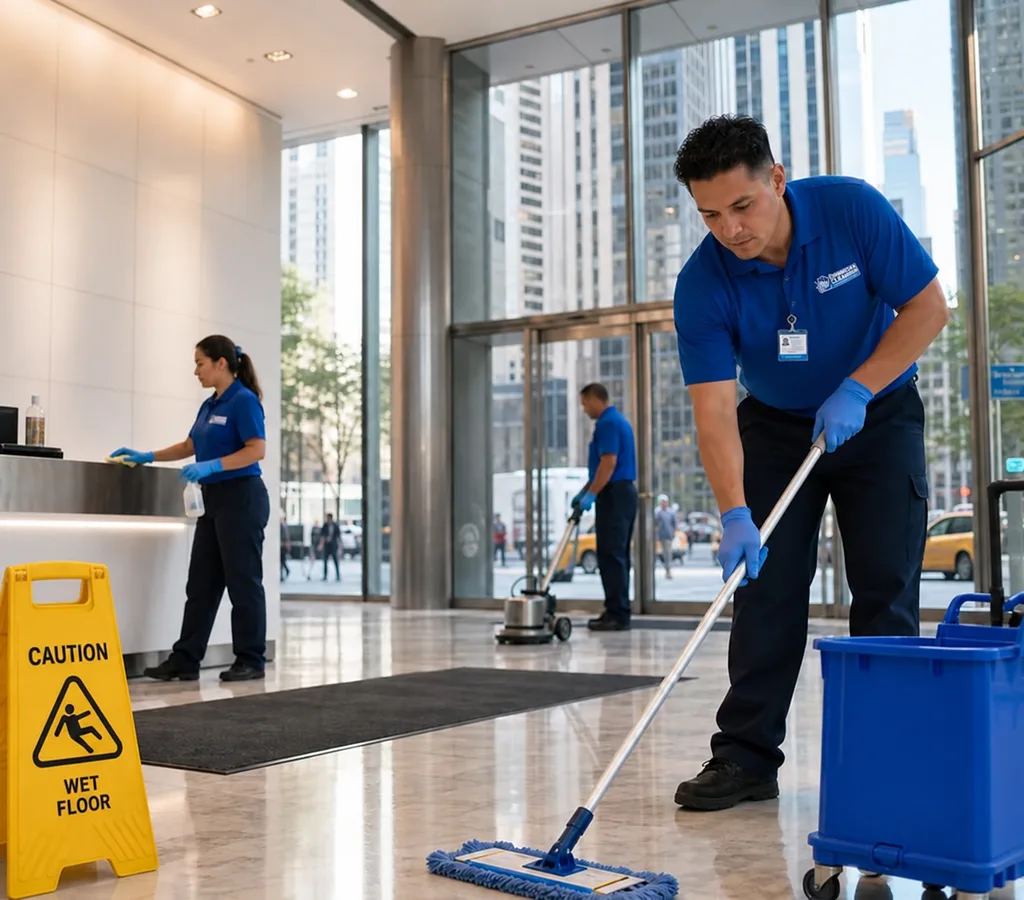 Commercial cleaning crew cleaning a Manhattan office lobby