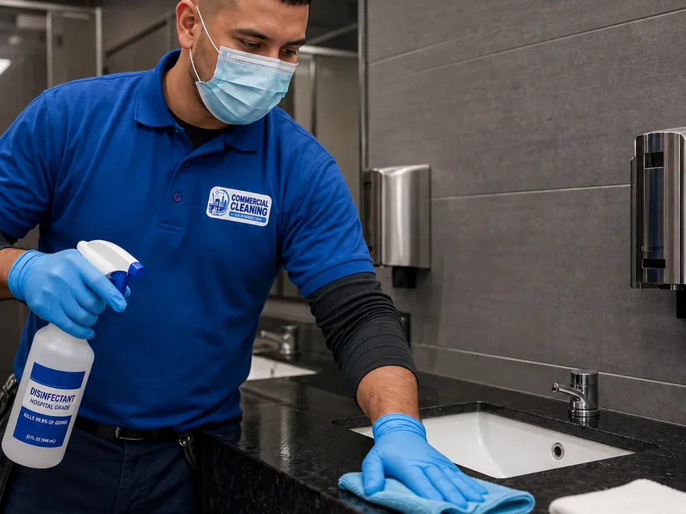 Cleaner disinfecting high-touch surfaces in a commercial restroom