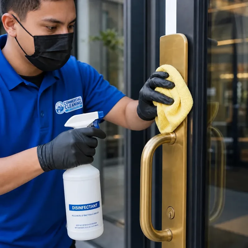 Technician disinfecting high-touch door hardware and push plates in a Manhattan office entry
