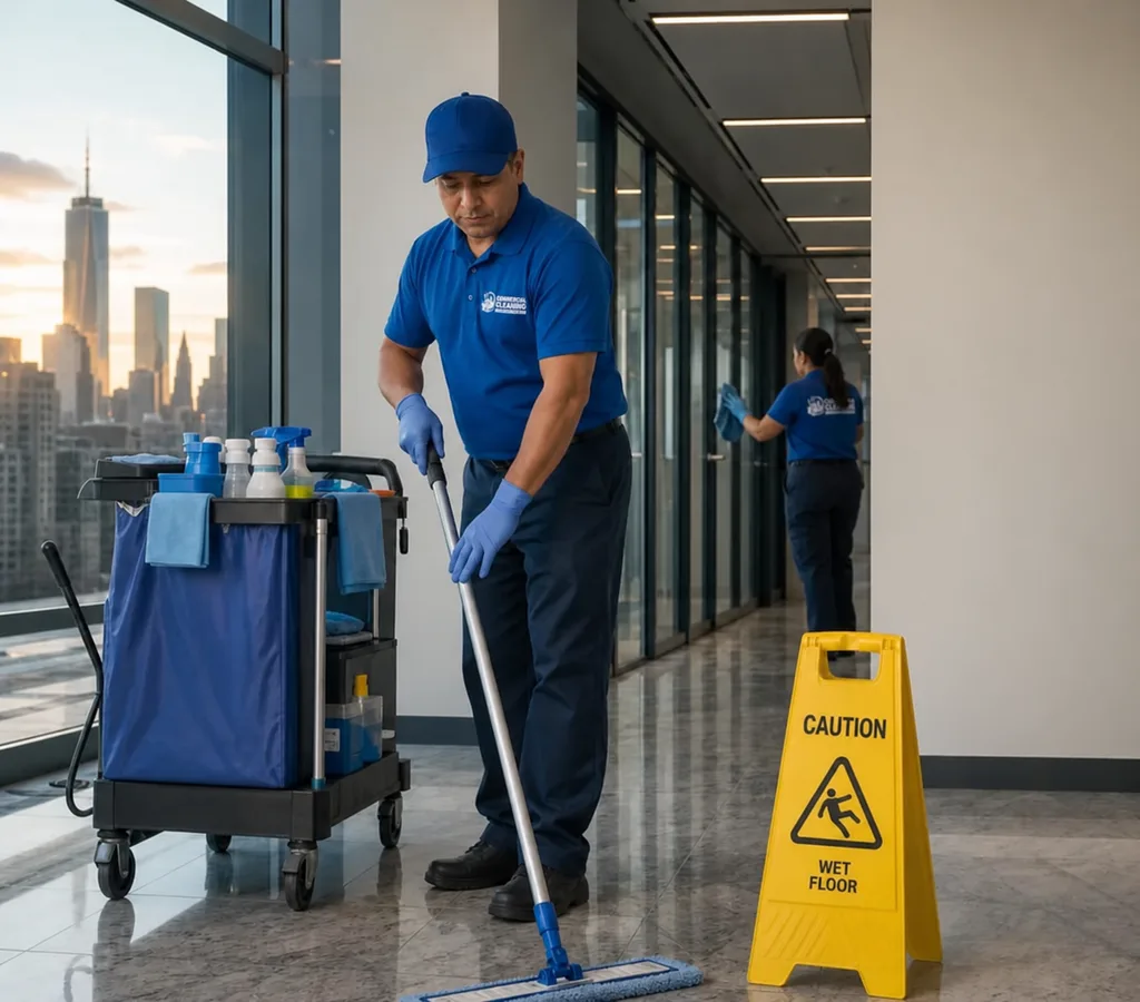 Early-morning janitorial team cleaning a modern New York City office corridor with caution signage, microfiber mops, and a supply cart