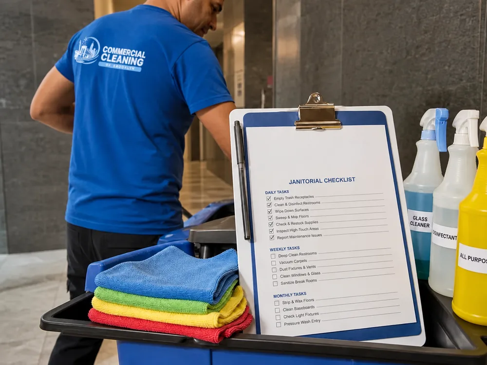 Janitorial checklist beside color-coded microfiber cloths and labeled spray bottles on a cleaning cart in a New York City commercial hallway