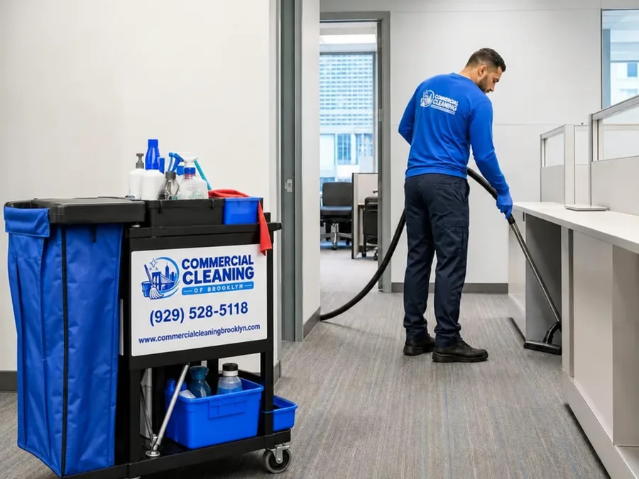 Janitorial team member vacuuming a carpeted corridor outside conference rooms in a commercial building
