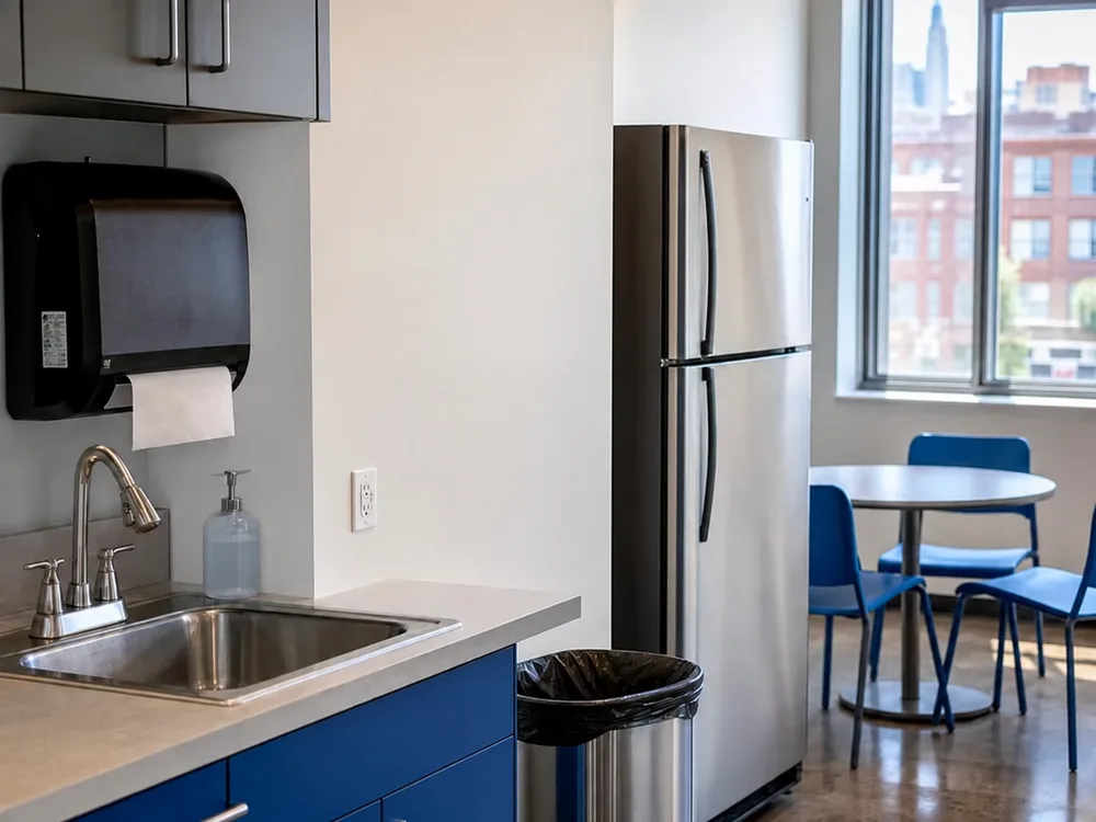 Clean and reset breakroom with wiped counters, empty trash, and a spotless sink after service in a New York City commercial suite